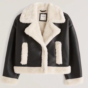 Abercrombie & Fitch Oversized Short Sherpa-Lined Vegan Leather Coat in Black